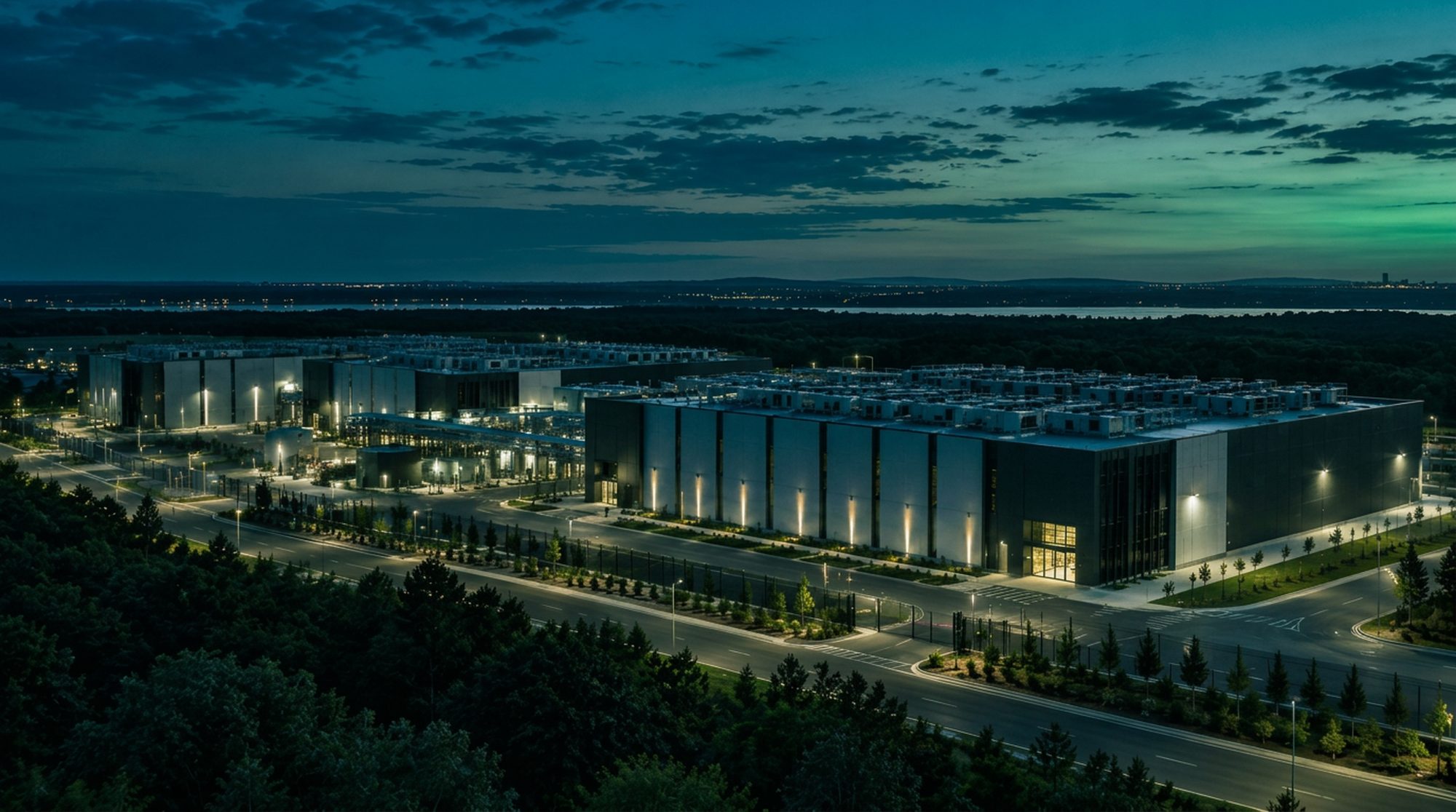 Data center campus at dusk